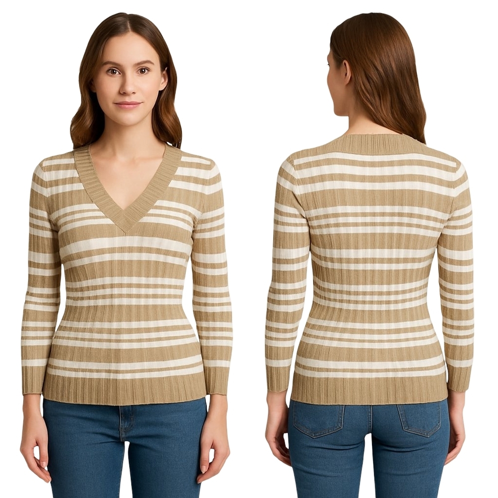 Y2K Preppy Striped Sweater Womens Medium Cable Knit V-Neck Retro Academia